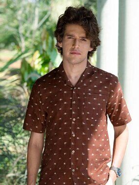 Pali Brown Wood Chips Cuban Collar Handwoven Ikat Shirt/22828